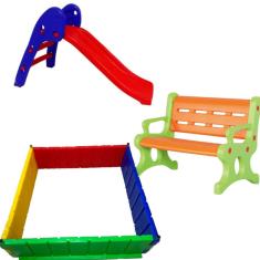 Banco Junior Ideal Para Escolinha-Playground-Área Recreativa-Banco + Cercadinho Pequeno 1x1 Plástico Infantill + Escorrega Baby 2 Degraus