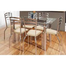 Sala de Jantar Completa Elba c/ Tampo Vidro 150cm + 6 Cadeiras Portuga