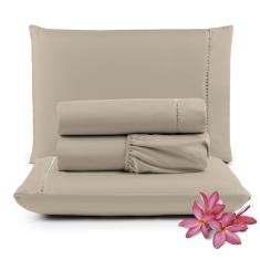 Jogo de Lençol Micropercal 400 Fios Queen 4 Peças Barato - Avelã