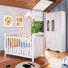 Quarto de Bebê Guarda Roupa com Janelas Retangulo e Berço Americano Cocada Espresso Móveis Branco Brilho
