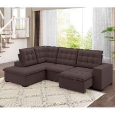 Sofá de Canto Retrátil Reclinável 8 Lugares Veludo Belluno Arte Cúbica Estofados Marrom