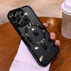 Chapeamento macio tpu lente completa proteger caso para iphone 15 14 13 12 11 pro max plus magnético de carregamento sem fio capa clara, preto, para iphone 13