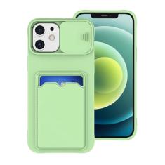 Slide Camera Protection Wallet Holder Card Bag Capa de telefone para iPhone 15 14 12 11 13 Pro Max X XR XS 7 8 Plus Capa de silicone macia, verde menta, para 12 ou 12 Pro