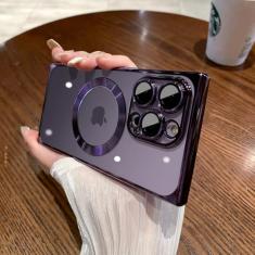 Capa de telefone quadrada de carregamento sem fio de luxo para iphone 11 12 13 14 15 pro max plus capa magnética transparente, roxo, para iphone 12