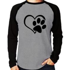 Camiseta Raglan Coração Patinha Manga Longa - Foca na Moda, Cinza, Pre