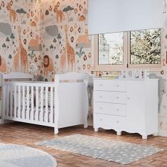 Quarto de Bebê com Berço Americano e Cômoda 1 Porta Nina Espresso Móveis Branco Brilho