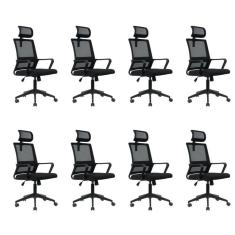 Kit 8 Cadeiras para Escritório Giratória Presidente Tokyo com Apoio Cabeça Preto