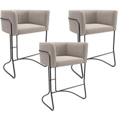 Kit 03 Banquetas Baixa Base de Aço Preto Betina D02 Bouclê Creme B-54 - Lyam Decor