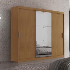 Guarda Roupa Casal Vitor Premium 3 Portas de Correr MDF com Espelho Naturalle Moderna
