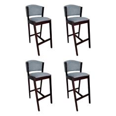 Kit 4 Banquetas Alta de Madeira Maciça Castanho Premium Ana com Encosto Linho Cinza