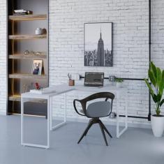 Mesa de Escritório em L Estilo Industrial 120x150cm Kuadra Branco Chess/Est.Branca