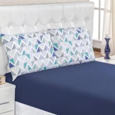 Jogo de Lençol Queen em Malha 100% Algodão 3 Peças - Azul - 100% Algod