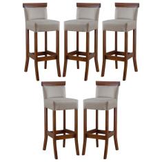 Kit 5 Banquetas Alta com Encosto Estofado Diamantina em Madeira Maciça Imbuia Linho Bege M58 RMI