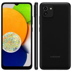 Smartphone Samsung Galaxy A03 Preto, 64GB, 4GB RAM, Tela Infinita de 6.5", Câmera Dupla Traseira, Bateria 5000 mAh e Processador Octa Core