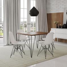 Mesa Sala de Jantar Industrial Clips Amêndoa 120x75 com 4 Cadeiras Eiffel Brancas de Ferro Preto