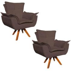 Kit 2 Poltronas Decorativas Sala de Estar Base Giratória Madeira Opla 