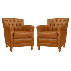 Kit 02 Poltronas Decorativas Sala de Estar Níger Pés Madeira Couro Mel
