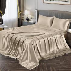 Jogo De Lençol Casal Padrão Cetim Seda Bege 4 Peças