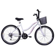 Bicicleta Feminina 26 Beach Branca de 18 Velocidades com Aros duplos, Pneus Slik e Cesta - Dalannio Bike