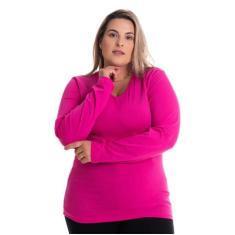 Blusa Feminina Plus Size Manga Longa Cotton Decote "V" - Serena, Pink,
