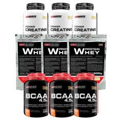 KIT - 3x Whey Protein 500g  + 3x  Creatina 100g + 3x BCAA 100g - BodyBuilders-Unissex