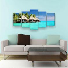 Quadro Decorativo Águas Do Caribe 5 Pc 129x61 Sala Quarto