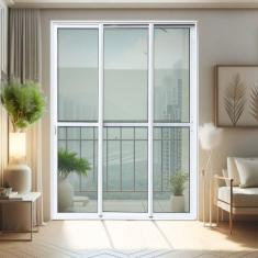 Porta de Correr 3 Folhas Moveis Sequenciais 210 X 200 Elite com Fechadura Tetra Vidro Liso Branco