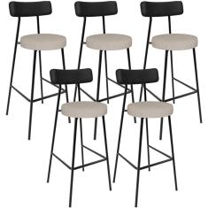 Kit 05 Banquetas Alta Bar Cozinha Sala De Jantar Milão L02 Couríssimo Preto Linho Bege - Lyam Decor