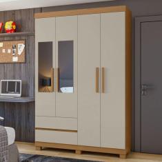 Guarda-Roupa 4 Portas 2 Gavetas Zeus com espelho e com Pés Amêndoa Clean/Off White