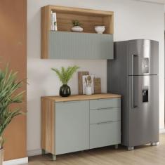 Cozinha 2 Peças com Balcão 1 Porta 3 Gavetas e Armário Aéreo Marquesa 120 Cm 100% Mdf Nature/verde