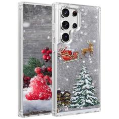 Changjia Capa de Natal com glitter para Samsung Galaxy S22 Ultra, linda árvore de Natal, alce, líquido, movendo-se, brilhante, TPU (poliuretano termoplástico) transparente, à prova de choque, capa