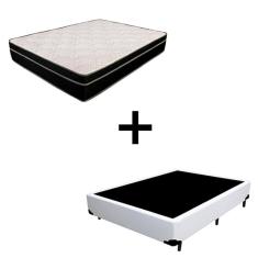 Cama Box Casal 138 - Tecido Sintético Branco com Colchão Paris - Molas Ensacadas Preto 56x138x188