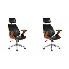 Kit 2 Cadeiras de Escritório Presidente Giratória com Apoia Cabeça Office Lisboa Preto/Marrom