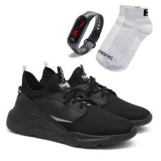 Kit Tênis Venetto Caminhada Leve + Relógio Digital + Meias, 38, Preto