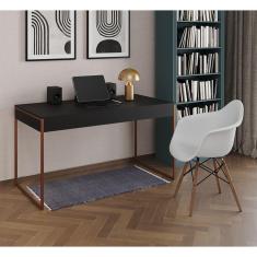 Escrivaninha Home Office Estilo Industrial Preta 137X53Cm Base Cobre Com 1 Poltrona Branca Preto