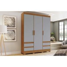 Guarda Roupa Solteiro 3 Portas e 4 Gavetas c/ Pés Briz Lema B55 Nature/Veludo Light Cinza Gelo - Henn