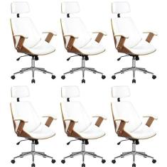Kit 6 Cadeiras de Escritório Presidente Giratória com Apoia Cabeça Office Lisboa Branco