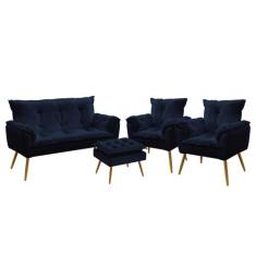 Namoradeira e 2 Poltronas Opala com Puff Lunar Veludo Aradecor, Azul M