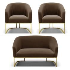 Namoradeira E 2 Poltronas Base Industrial Dourado Stella Suede D03 - D