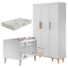 Berço Americano e Guarda Roupa Infantil Ludmila Branco Bétula com Colchão Gazin - Carolina