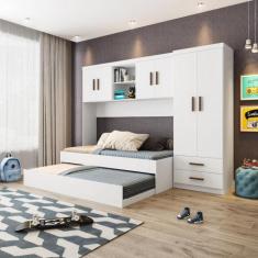 Quarto Modulado Lara Guarda Roupa 2 Portas, Modulo Aéreo e Cama com Au
