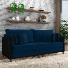 Sofá Living Montecarlo 2 Lugares Bipartido 212cm Pés em Madeira Veludo/PU Azul/Preto G33 - Gran Belo