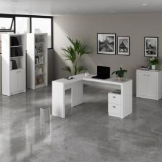 Kit 4 Peças com 1 Mesa para Escritório em L, 2 Estantes e 1 Armário Ba