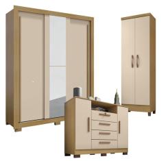 Guarda Roupa Solteiro Nevoa Flex 3 Portas de Correr com Espelho com Cômoda Madri e Armário Multiuso Egito Carvalho Americano Off White – Incorplac