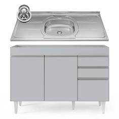 Balcão De Cozinha Com Pia Inox 120cm 3 Portas Michigan Cinza Claro - Lumil