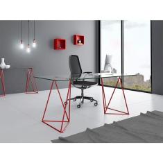 Escrivaninha De Vidro Bela Vista Cavalete Base Ferro Vermelho - Preto