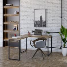 Mesa de Escritório em L Estilo Industrial 120x150cm Kuadra Lâmina Mel / Est.Preta