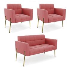 Sofá Namoradeira E 2 Poltronas Pé De Ferro Dourado Elisa Suede D03 - D`rossi Cor Rose