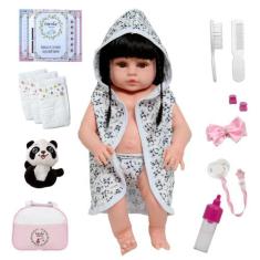 Bebê Reborn Boneca Morena Enxoval Completo Roupão Panda - Cegonha Rebo