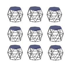 Kit 09 Puff Banqueta Aramado Mila Base Preta Hexágono Suede Azul Marin